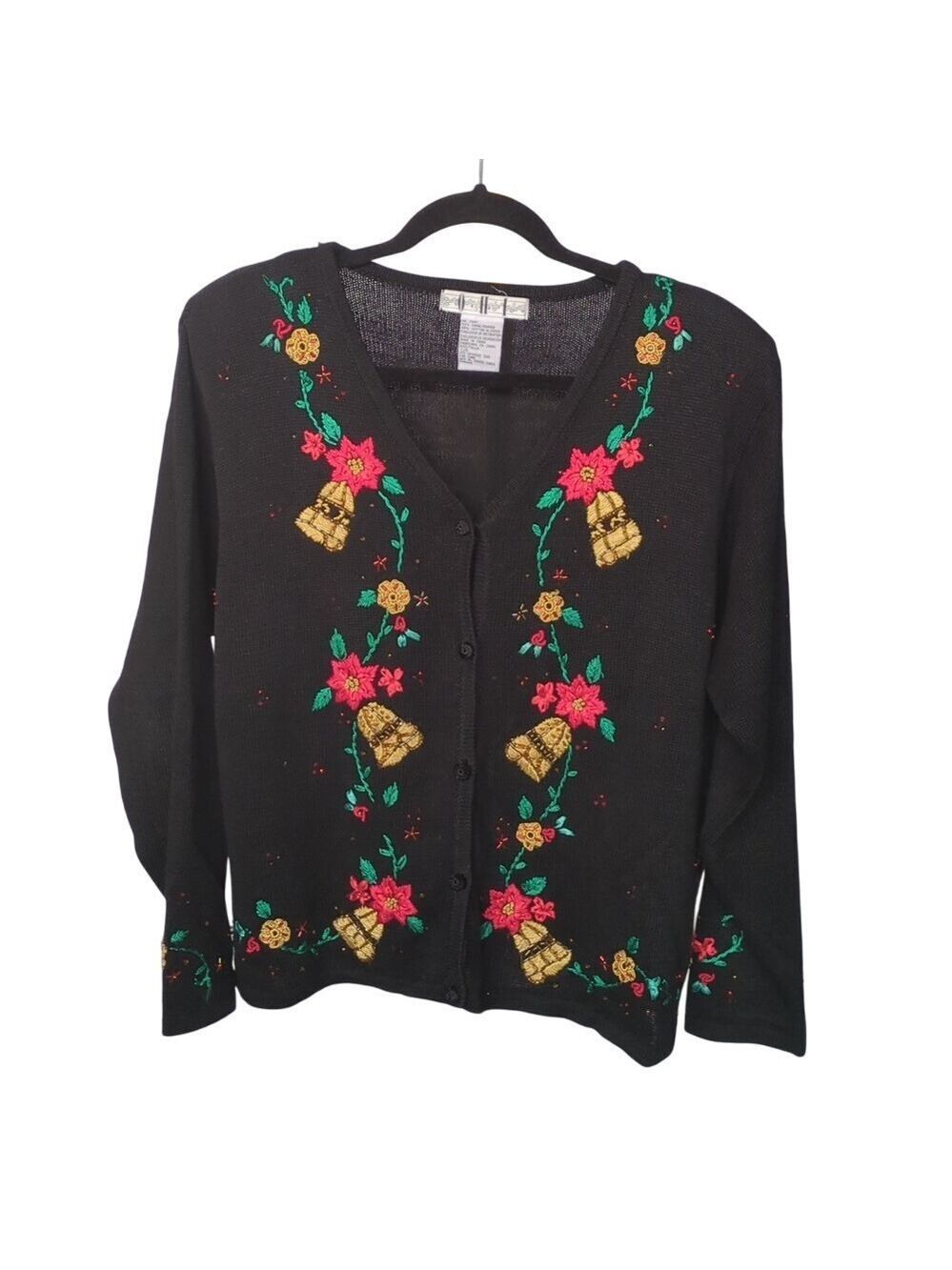 OHI Woman black embroidered poinsettia and holly Christmas cardigan sweater. Vtg